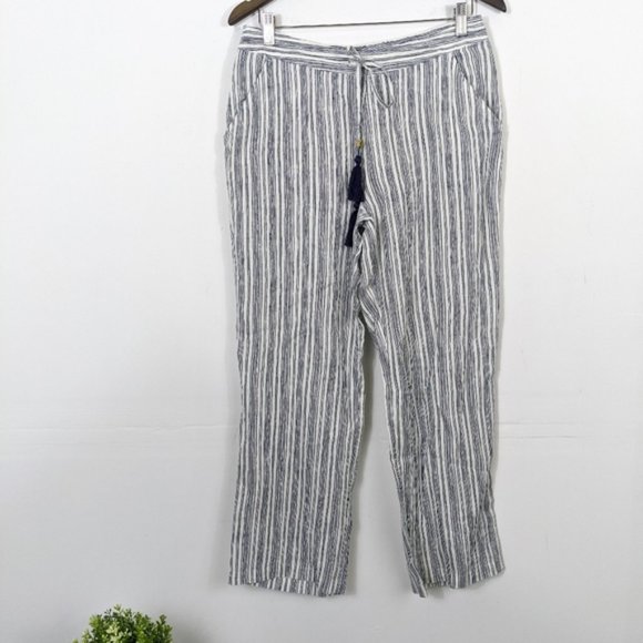 blue and white striped linen pants